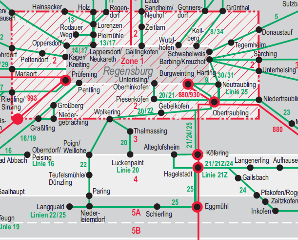 Gyűrűs tarifazónák Regensburgban és környékén forrás: RVV Hasonló konstrukciót dolgozott ki a munkáltatók számára az RVV (Regensburg).