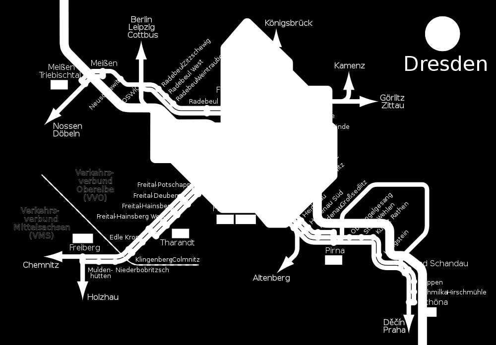 Drezda S-Bahn hálózata forrás: wikipédia Drezdában a vasúthálózat átmenő jellege miatt nem volt szükség alagút építésére, ám a kellő színvonalú S-Bahn rendszer megteremtéséhez itt is komoly