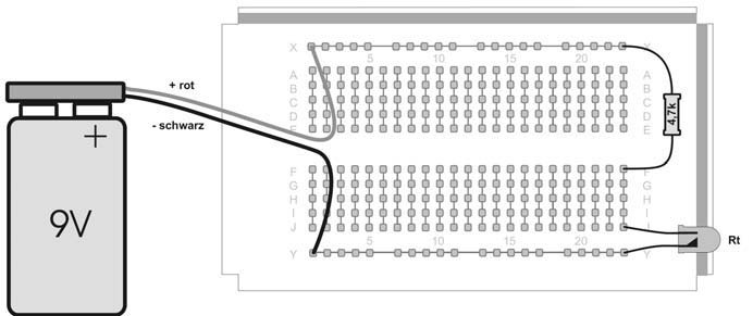 1. nap A LED-teszt Nyissa ki az 1. számú ablakot. Itt egy piros LED-et és egy ellenállást talál. Egy LED-nek két különböző hosszúságú csatlakozója van, és a helyes irányba kell beépíteni.