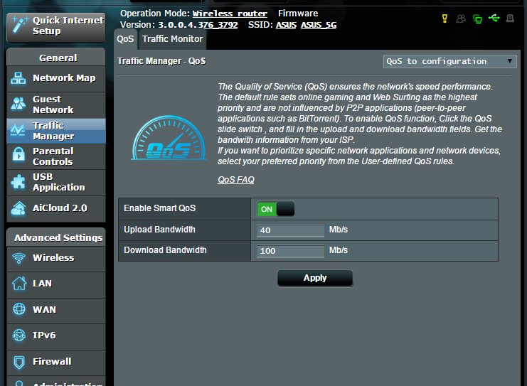 3.3 A Traffic Manager (Forgalomkezelő) használata 3.3.1 QoS (Szolgáltatási minőség) sávszélesség kezelése A Quality of Service (QoS Szolgáltatási minőség) lehetővé teszi a sávszélesség elsőbbségének beállítását és a hálózati forgalom szabályozását.