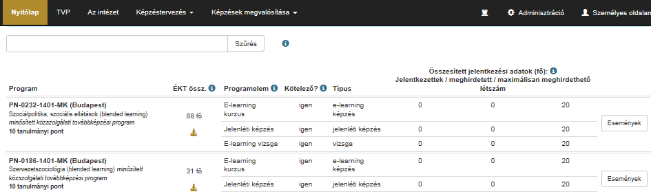 Eredmények rögzítése A képzésszervező regisztrált munkatársa a megvalósult képzési eredményeket manuálisan tudja rögzíteni a felületen.