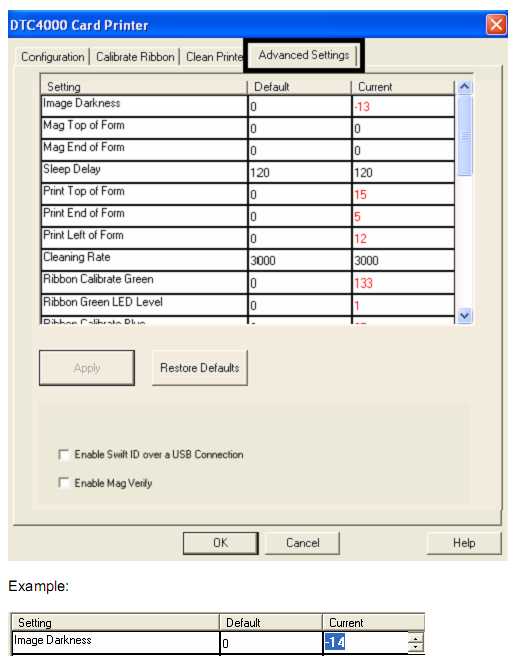 Engdélyezi a Swift ID-t ha USB-kapcsolaton AZ ADVANCED SETTINGS / SPECIÁLIS BEÁLLÍTÁSOK FÜL HASZNÁLATA Beállítás Opció Image Darkness/Kép sötétség Nyomtatott kép sötétségének változtatása Figyelem!