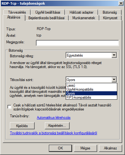 Hálózati operációs rendszerek biztonsága 33 9. ábra: Távoli asztali kapcsolat biztonsága Választhatunk szerver hitelesítési megoldást, RDP, SSL (TLS) vagy éppen Egyeztetés-t.