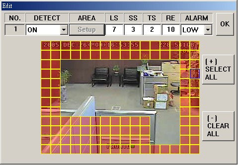 5.5.3.7 Mozgásérzékelés (DETECTION) 1. Válassza ki a kívánt csatornát, ebben az ablakban beállíthatja a érzékelési területet, és az érzékenységi szintet, miután rákattintott az EDIT gombra 2.