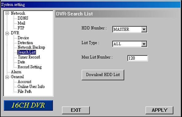 5.5.3.9 Keresési lista (Search List) 1. HDD azonosítója: Master 2. Keresési lista típusa (List Type): Minden / manuális / Rendszer / Riasztási / Mozgásérzékelő 3.