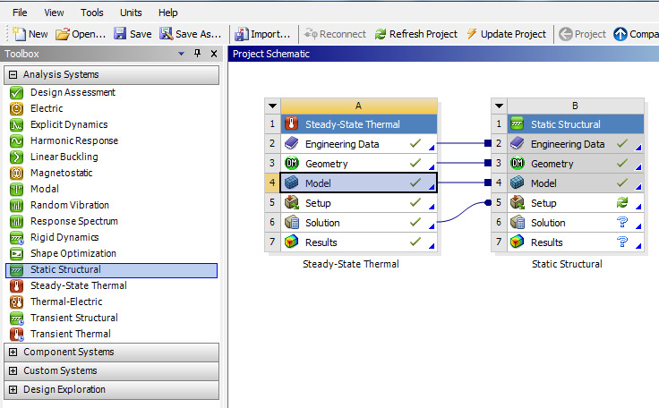 Itt kattintson rá a bal oldali listában látható Static Structural (szilárdságtani feladat) feliratra, és húzza át a hővezetési feladat Solution pontjára.