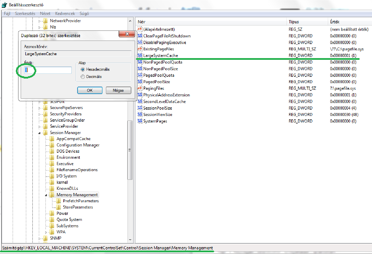 1. HKLM\SYSTEM\CurrentContolSet\SessionManager\MemoryManagement\:argeSystemCa che menüpont alatt az értéket 0-ról 1-es értékűre kell módosítani,