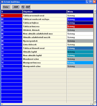 21.2. Színek beállítása (B) Minden kezelő saját magának színezheti át a programot. A kurzorral kijelölt funkció színezése állítható, az Enter billentyű megnyomása után.