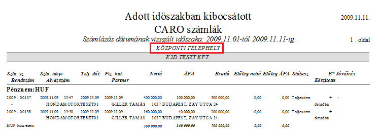 6.3. Számlajelentések Számlák telephelyenkénti szűrése Jelentések/Pénzügyi tevékenység/számlajelentések modul