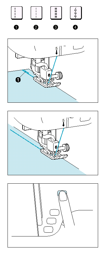 2. VARRÁSI MŰVELETEK EGYENES ÖLTÉSEK 1. Egyenes öltés (balra) 2. Egyenes öltés (középen) Előkészület: Fércelje, vagy tűzze össze az anyagot. 1. Helyezze be a J leszorító talpat, varrjon egy hátrafelé 3 4 öltést az indításnál, majd kezdjen el varrni.