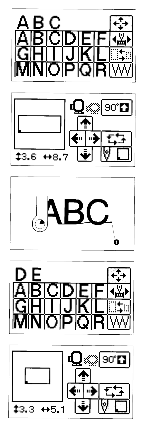 HÍMZŐMINTA ALKALMAZÁSOK Betűk összekapcsolása Használja ezt az opciót abban az esetben, ha az összes betűt nem lehet egyszerre felvarrni. Példa: ABC hímzése, majd DE hozzákapcsolása 1.