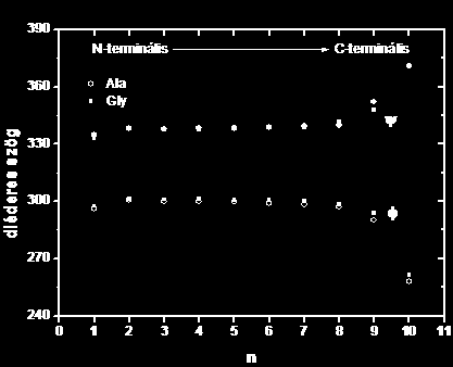 ábrán a Gly 10 és Ala 10 3 10-hélixeinek optimalizált szerkezetei láthatók, oldal- és felülnézetből. A hélixet stabilizáló hidrogénhíd-kötéseket szaggatott vonalak jelölik. 4.5.