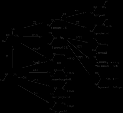 Kvantumkémiai alkalmazások 4.18. ábra A propén molekula atomjainak jelölésrendszere (C 3H 6) A propén molekula (C 3H 6, 4.18. ábra) és OH gyök közötti reakciókat (4.19.