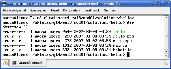 hello projekt Fordítás/futtatás parancs sorból Linux qmake