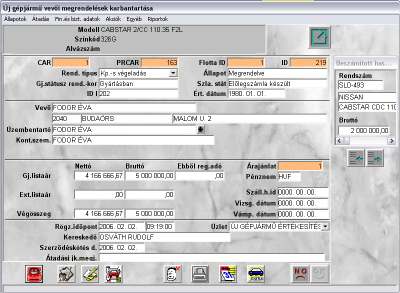 A beszámított használt gépjárművet kijelölve, majd a Mentés ( ) nyomógombra kattintva az előző (Új gépjármű vevői megrendelések karbantartása) ablakban jobb felső részén megjelennek a használt