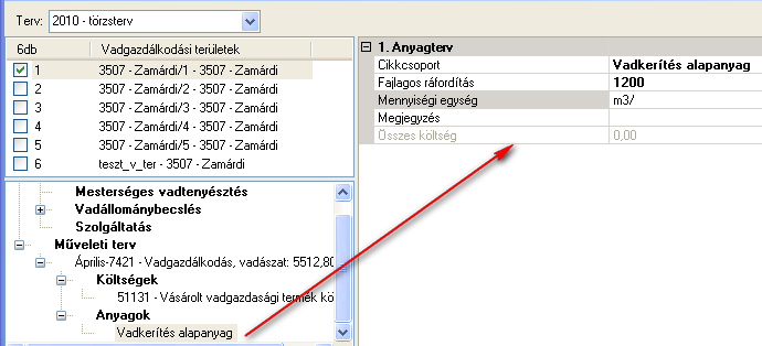 EEVR Bázisrendszer DigiTerra EIR v5 alrendszer Felhasználói kézikönyv Ezután a művelet mellett (bekeretezett) ikonra kattintva megjelenik a művelethez kapcsolható költségek és anyagok funkció.