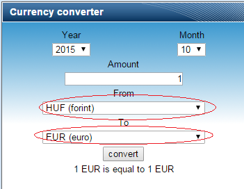 Beírjuk az átváltani kívánt összeget (amount), és kiválasztjuk a legördülő menüből azt a pénznemet, amiről váltunk (From), és azt, amire, ez esetünkben euró (to): Majd a convert-re ráklikkeltünk, és