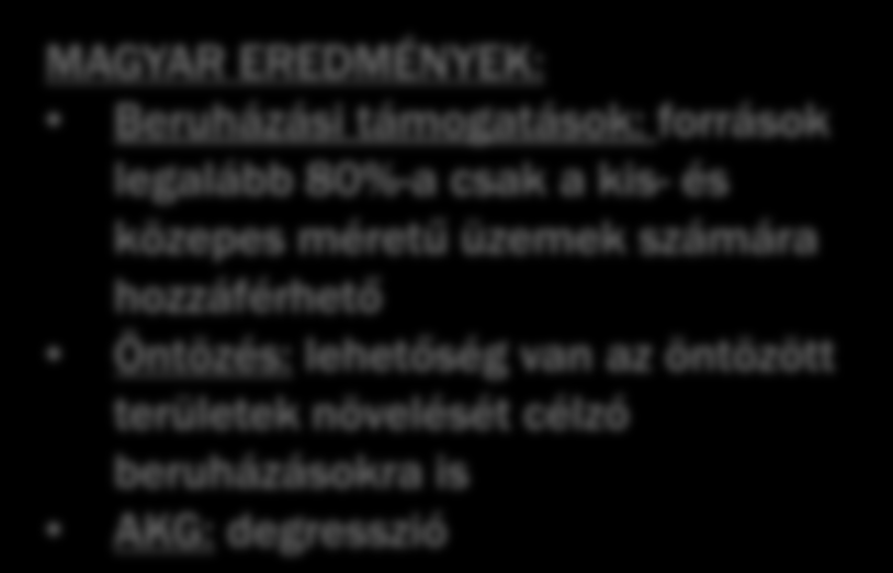 A VP forrásszerkezete 1063,849 Mrd HUF teljes EU forrás TELJES VP FORRÁS 1 294, 354 Mrd HUF MAGYAR EREDMÉNYEK: Beruházási támogatások: források legalább