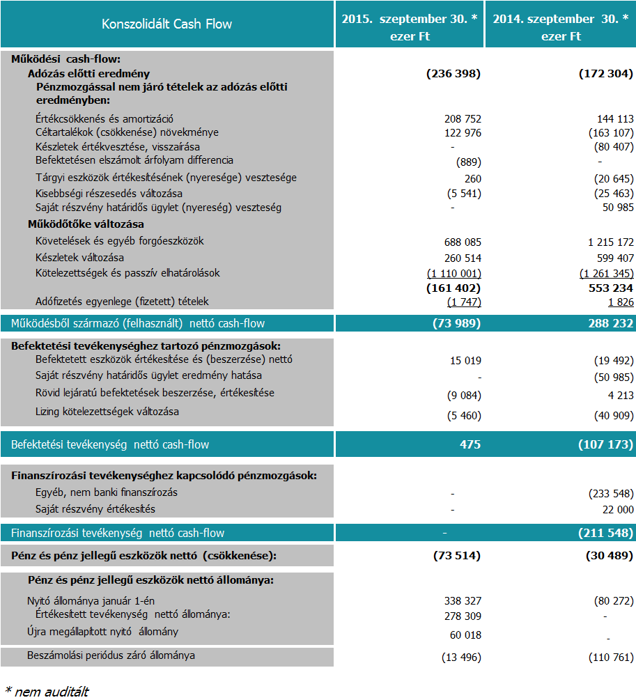 SYNERGON Csoport Cash-flow A Társaság nettó pénz és pénz jellegű eszközök állománya 2015. szeptember 30-án 13 millió forint negatív pénzegyenleg volt.