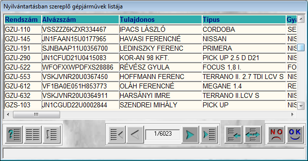 14. ábra A Nyilvántartásban szereplő gépjárművek listája ablakn az Új lekérdezés összeállítása ( ) majd a lekérdezés futtatása ( ) nymógmbt kell megnymni és megjelennek képernyőn a gépjárművek (15.