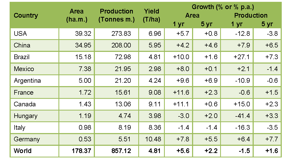 1.táblázat: A fontosabb piacok statisztikai mutatói (országok szerinti rangsorban a vetett terület, összes termés mennyisége, átlagtermés, valamint a kukoricaterületek és az össztermésmennyiség