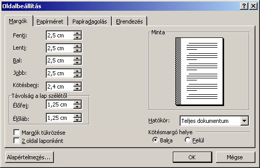 A margók értékeit ebben a párbeszédablakban adhatjuk meg. Láttunk rá példát, hogy a margón kívülre is lehetséges szöveget elhelyezni (kieresztés).