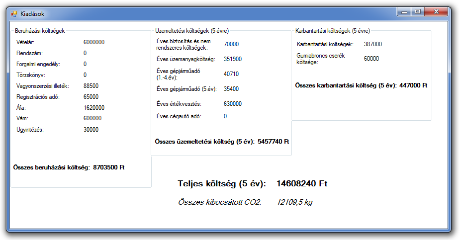 9. ábra: Az elkészített alkalmazás output felülete (saját kutatási eredmény) Az eredmények jól tagoltan, az egyes költségelemeket részletesen feltüntetve jelennek meg.