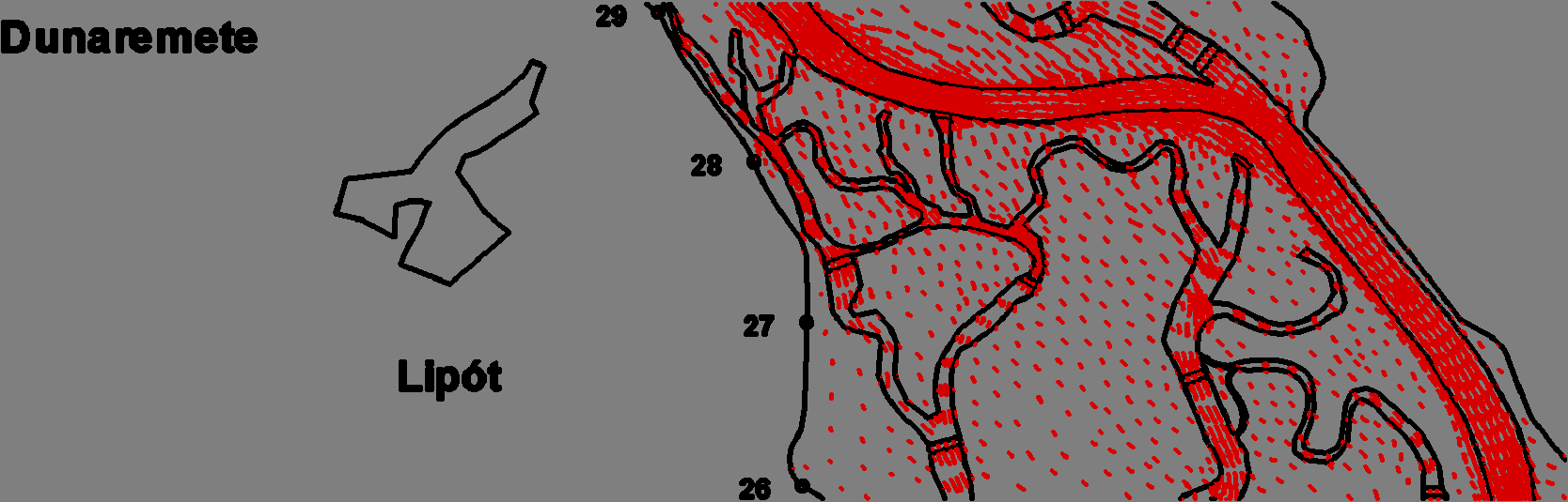 4. ábra: A kétdimenziós modellel számított sebességvektor-mező Dunaremete térségére A modell felépítésével az ÉDUKÖVIZIG célja elsősorban egy az Alsó-Szigetköz hullámtéri rehabilitációt célzó