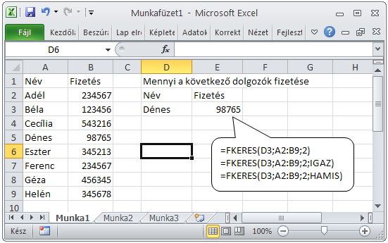 Keresőfüggvények példák Feladat Egy cég dolgozóinak nevét és fizetését tárolja egy táblázatban.