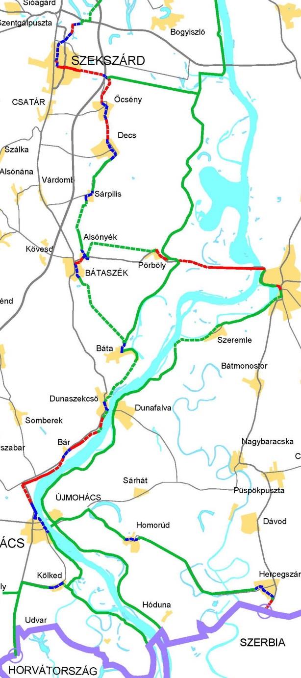 A jobb parton, Bátaszéktől Bátán át Dunaszekcsőig, kis forgalmú közúton vezet a nyomvonal, majd ohácsig önálló kerékpáros létesítményként.