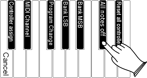 8. All Notes Off (C#2) Ezt a funkciót a fogadó eszközön beragadt hangok eltávolításához használhatja. All Notes Off MIDI üzenet küldéséhez tegye a következőket: a.