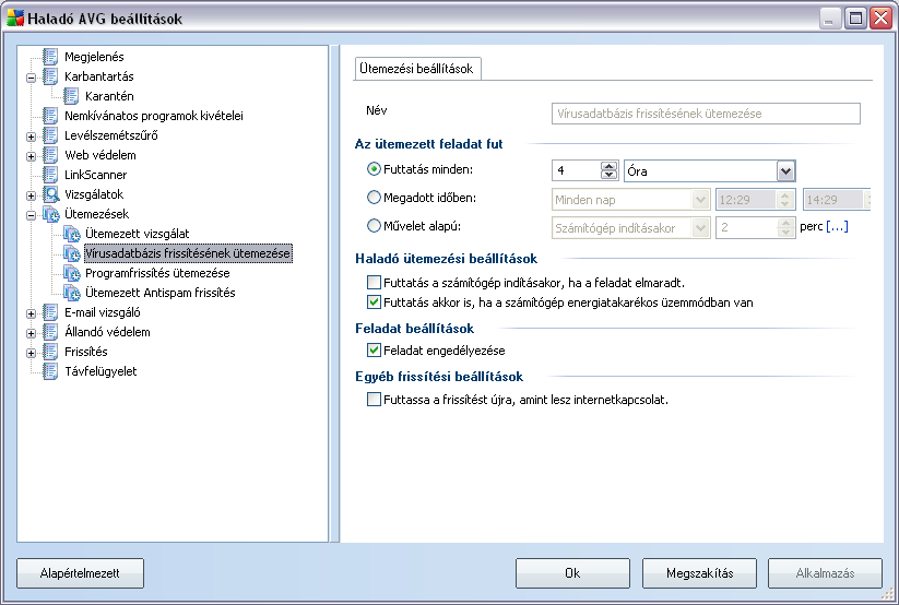 9.7.2. Vírusadatbázis frissítésének ütemezése Az alapveto frissítés ütemezések a Frissítéskezelo összetevoben történnek.