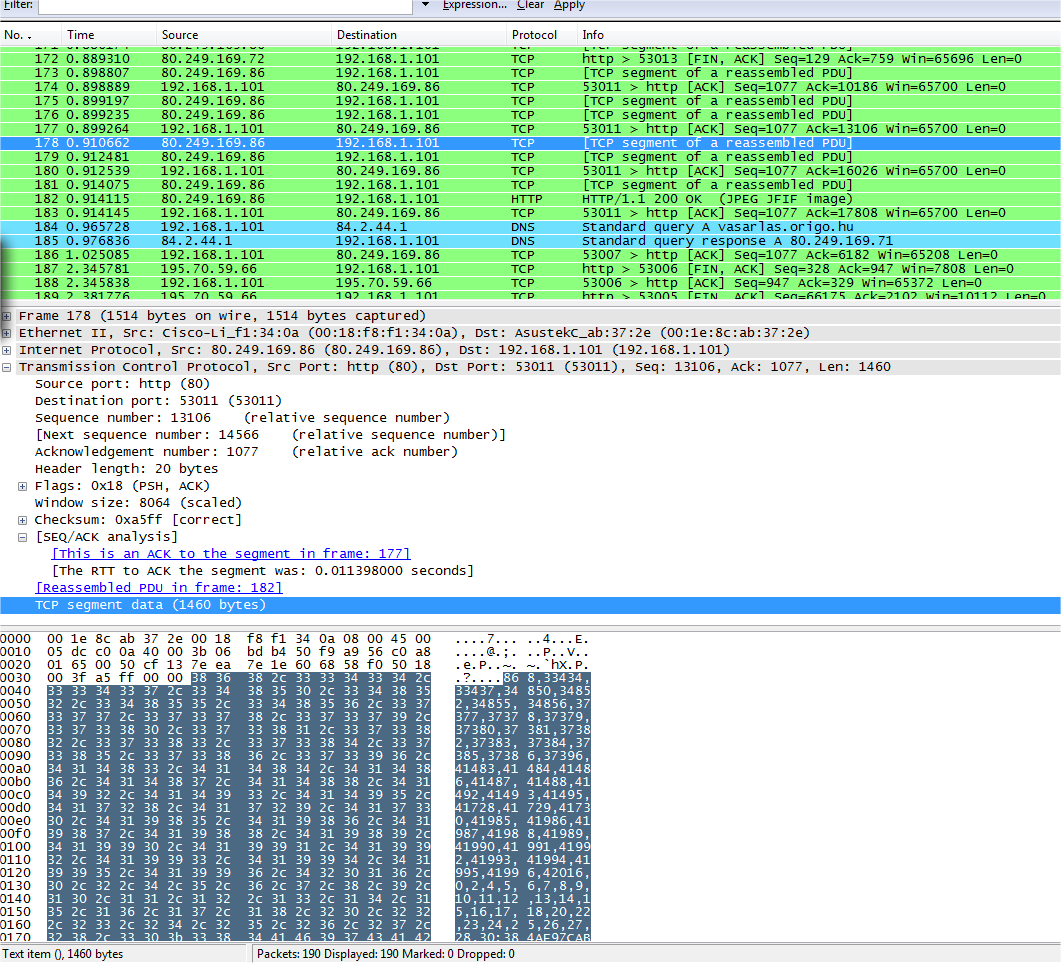 A TCP/IP PROTOKOLL MŰKÖDÉSE 5.6. ÁBRA EGY TCP CSOMAG Itt viszont megfeküdt a Wireshark parszer. Ugyanis a TCP szegmensben egy adatfolyam egy darabja utazott, melyet önállóan képtelen volt értelmezni.