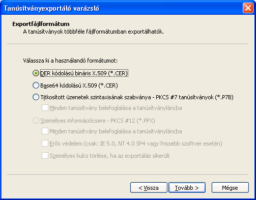 A következő lépésben a varázsló arra kérdez rá, hogy a titkos kulcsot is szeretnénk-e exportálni.