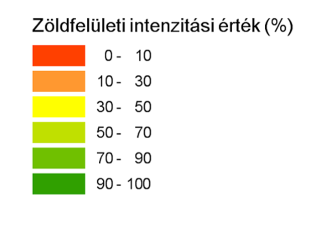 62. ábra: Zöldfelületi intenzitás érték, 2010. (Adatforrás: BCE, Tájtervezési és Területfejlesztési Tanszék, Landsat TM5 műholdfelvétel felhasználásával) A VI.