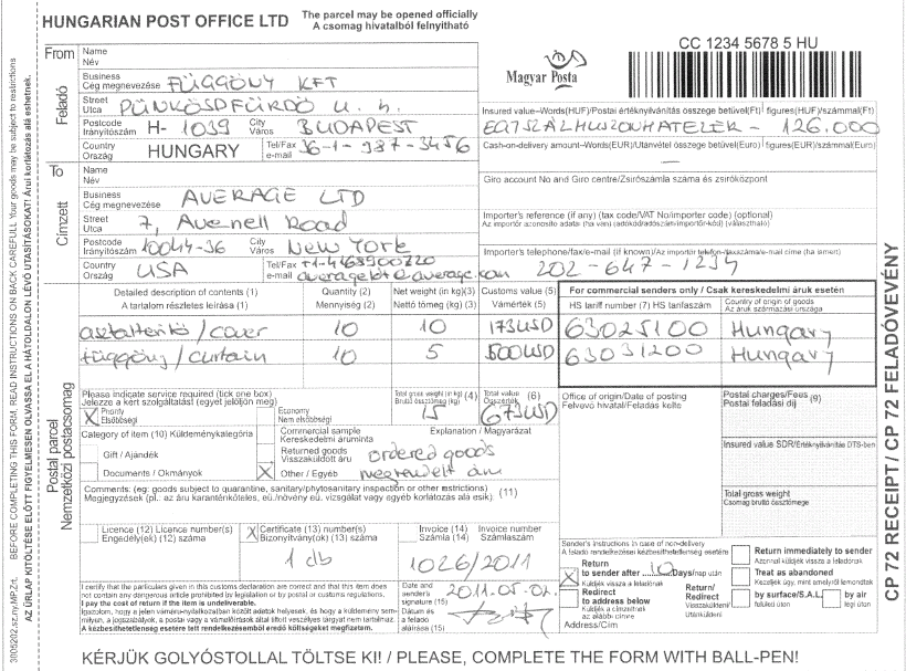Nemzetközi postacsomag szállítólevél (természetes személy általi feladás