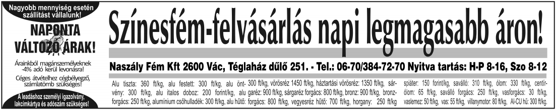 Szrkzőég: Vác, Cányi körú 45. Tl.: 27/316-100 Fax: 27/305-581 Olvaózolgála: munkanapokon 9 é 15 óra közö. Ára: lőfizőknk 125, áruoknál 145 forin.