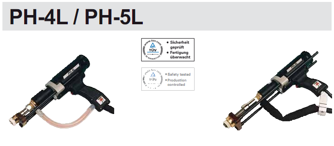 Ívhúzásos csaphegesztő pisztolyok PH-4L PH-5L A PH-4L és PH-5L típusú csaphegesztő pisztolyok robosztus felépítésüknek köszönhetően a nehéz hegesztési körülményeknek különösen jól megfelelnek, és a