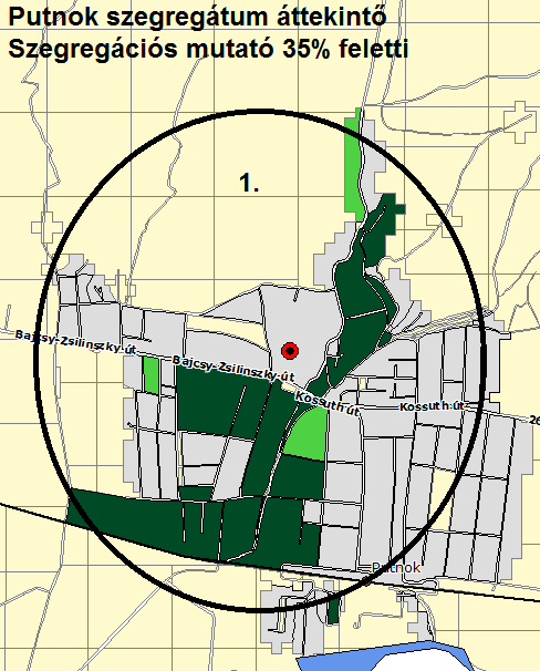 3.3.2. Szegregált vagy szegregációval veszélyeztetett területek lehatárolása, térképi ábrázolása és helyzetelemzése (potenciális akcióterületek) Putnok város szegregátumainak lehatárolása a 2011.