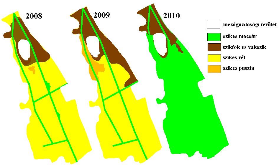 65. ábra. A garai Sóstó vegetációtérképei (szerkesztette MÁTRAI I.) 14. táblázat.