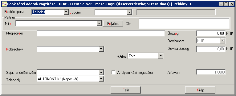 3. ábra: Bank tétel adatok rögzítése A jogcím megadása után, ha vevő, illetve szállító kiegyenlítést végzünk, a következő sorban a partner nevére kell rákeresni, majd kiválasztani a megfelelő