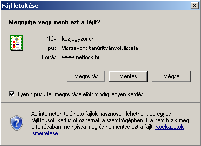 11. Függelék B - Visszavonási listák első letöltése A visszavonási listák azokat a tanúsítványokat tartalmazzák, amelyeket valamilyen okból (elveszett a kártya, stb.) a tulajdonosok visszavontak.