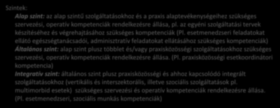 Adminisztratív, operatív kompetenciák halmaza Minden olyan szervezési, működési és működtetési szükségletet és folyamatot magába foglal, ami az adott szintű szakmai szolgáltatás operatív