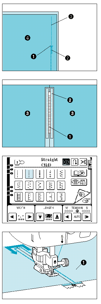 Húzózár bevarrása (középső és oldalsó alkalmazás) Válassza ki a mintát és nyomja meg a gombot. Középső alkalmazás 1. Szerelje fel a J leszorító talpat és varrjon egyenesen a húzózár végéig.