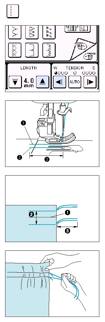 RÁNCOLÁS Használja szoknyák derekán, ruhaujjakon stb. 1. Állítsa az öltéshosszt 4 mm-re és a szálfeszességet pedig gyengére.