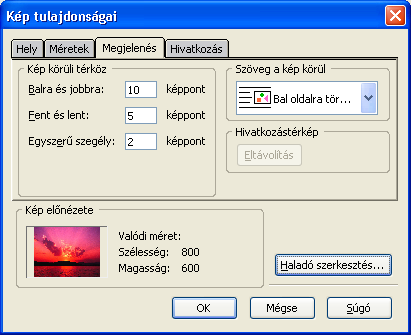 A Megjelenés fülön beállíthatjuk a kép körüli térközt, a megjelenő szegély vastagságát,