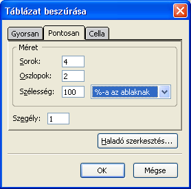 A Gyorsan fülön az egérrel jelölhetjük ki a táblázat sorainak, és oszlopainak számát.