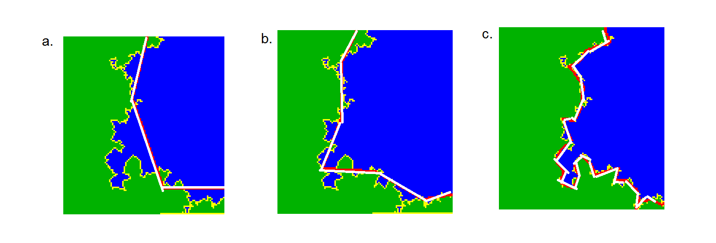 1.23. ábra. Richardson javaslata az volt, hogy ekkor (1.15 helyett az k 1 L(i s s > 1. (1.16 i=1 összeget tekintsük. Zeg-zugos partvonal esetén, amikor újabb háromszögelési pontok felvételével az (1.