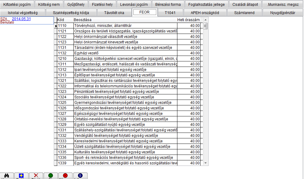 FEOR Az ablakfülön a szükséges FEOR számok adandók meg. Fontos hogy a dolgozók törzsadatainál a meglévő kódok közül választhatunk, ott új kódot definiálni nem lehet!