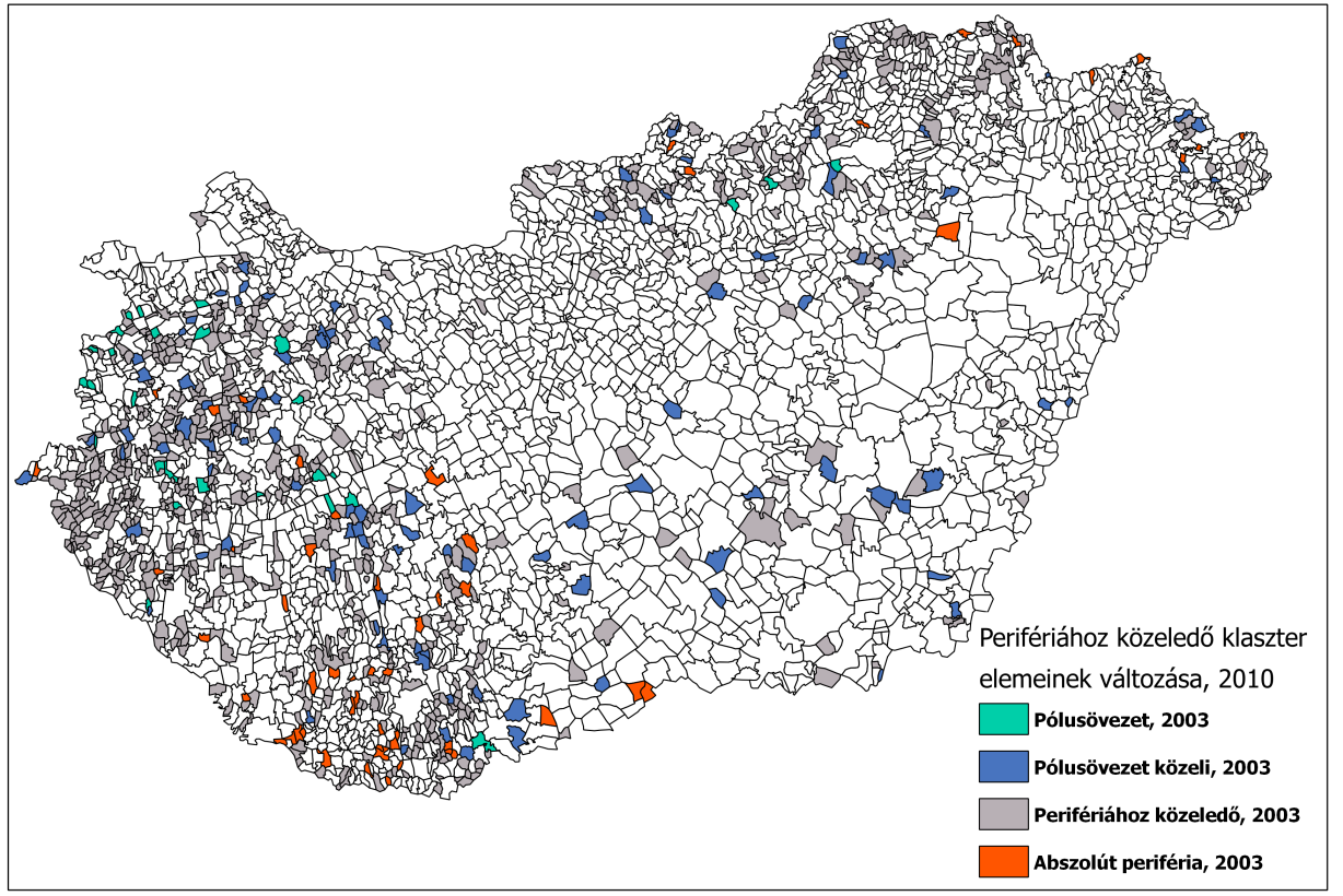 A bázisévben perifériához közeledő klaszterbe sorolt települések közül 52 település (barna színnel) került át a pólusövezet közeli klaszterbe.